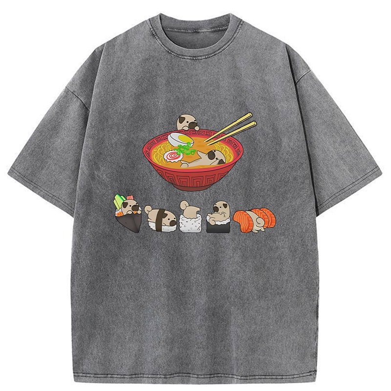 Tokyo-Tiger Pug Dog And Japanese Foods Washed T-Shirt
