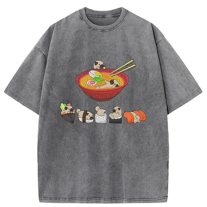 Tokyo-Tiger Pug Dog And Japanese Foods Washed T-Shirt