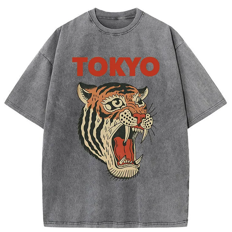 Tokyo-Tiger Retro Ukiyo-e Tiger Washed T-Shirt Sale