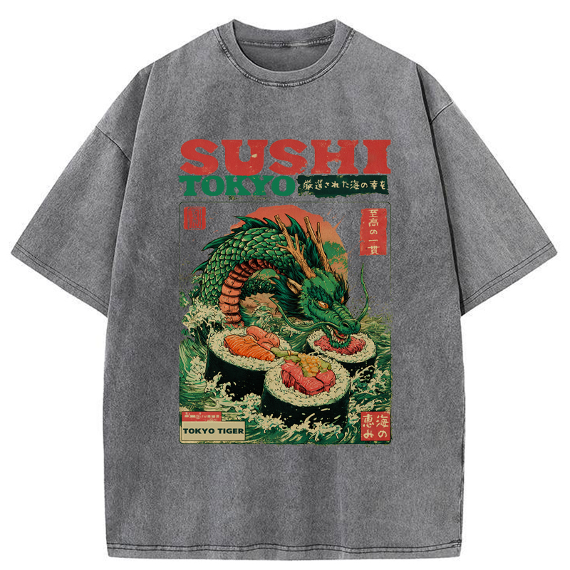 Tokyo-Tiger Ocean Dragon Sushi Washed T-Shirt