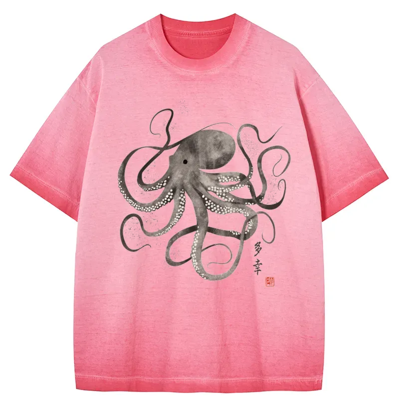 Tokyo-Tiger Octopus Japanese Calligraphy Gradient Washed T-Shirt