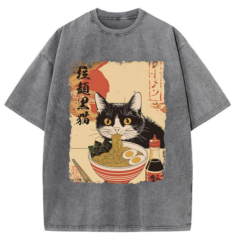 Tokyo-Tiger Black Cat Eats Ramen Japan Retro Washed T-Shirt