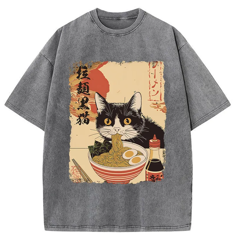 Tokyo-Tiger Black Cat Eats Ramen Japan Retro Washed T-Shirt