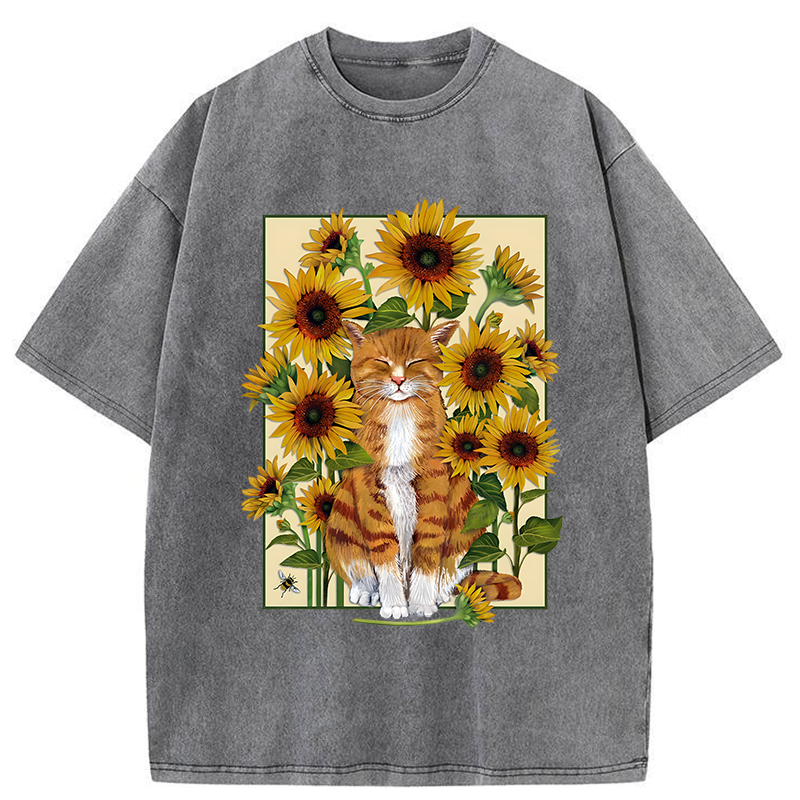 Tokyo-Tiger Sunflower And Orange Cat Washed T-Shirt
