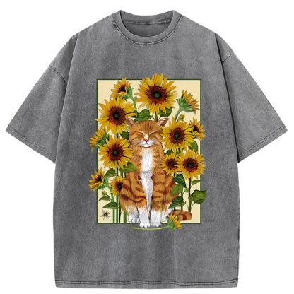Tokyo-Tiger Sunflower And Orange Cat Washed T-Shirt