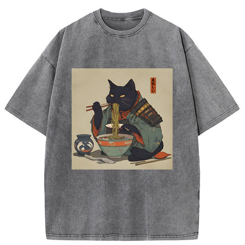 Tokyo-Tiger Cat Warrior Eating Ramen Washed T-Shirt