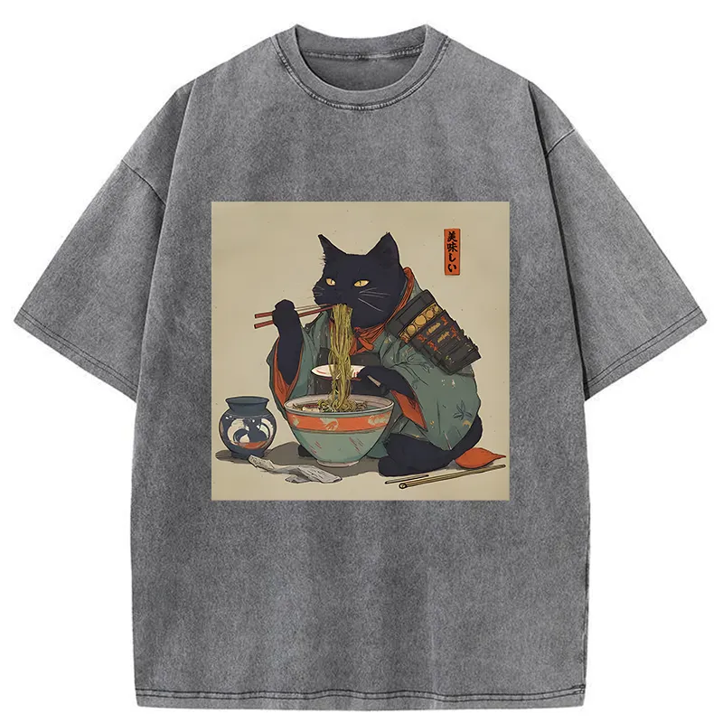 Tokyo-Tiger Cat Warrior Eating Ramen Washed T-Shirt