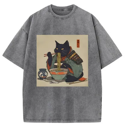 Tokyo-Tiger Cat Warrior Eating Ramen Washed T-Shirt