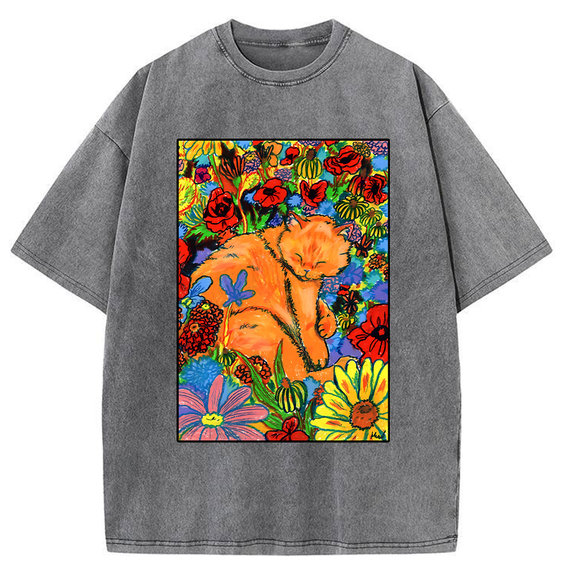 Tokyo-Tiger Colorful Orange Cats And Flowers Washed T-Shirt