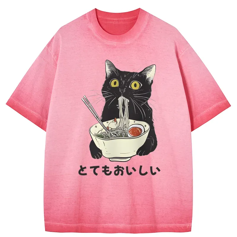 Tokyo-Tiger Cats Eat Ramen Noodles Gradient Washed T-Shirt