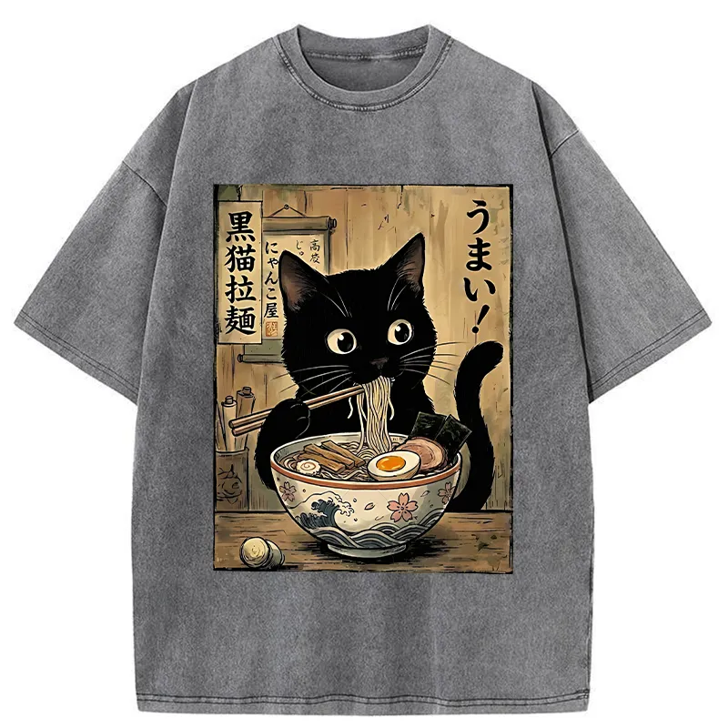 Tokyo-Tiger Black Cat Eats Delicious Japanese Ramen Washed T-Shirt