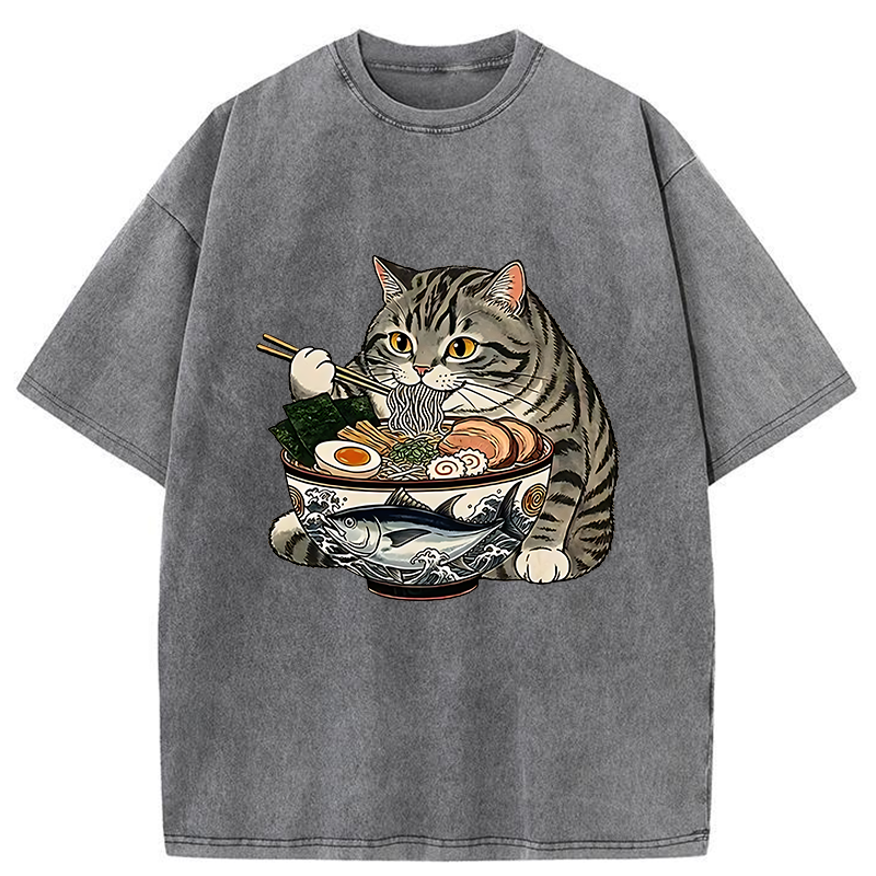 Tokyo-Tiger Fat Cat Eats Delicious Japanese Ramen Washed T-Shirt