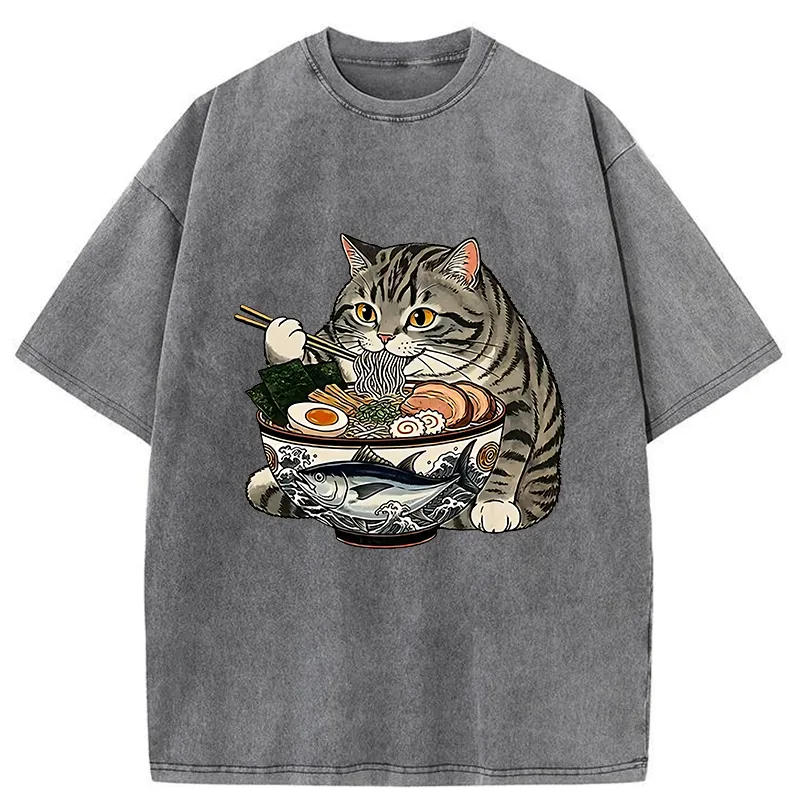 Tokyo-Tiger Fat Cat Eats Delicious Japanese Ramen Washed T-Shirt