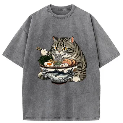 Tokyo-Tiger Fat Cat Eats Delicious Japanese Ramen Washed T-Shirt