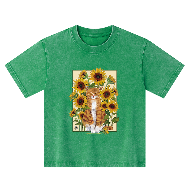 Tokyo-Tiger Sunflower And Orange Cat Kids Washed T-Shirt