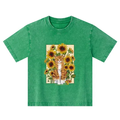Tokyo-Tiger Sunflower And Orange Cat Kids Washed T-Shirt