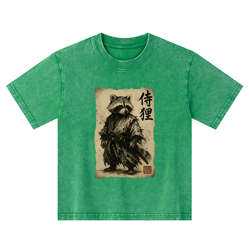 Tokyo-Tiger Retro Raccoon Samurai Kids Washed T-Shirt