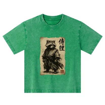 Tokyo-Tiger Retro Raccoon Samurai Kids Washed T-Shirt