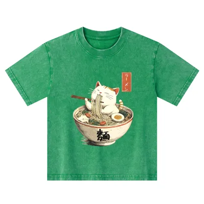 Tokyo-Tiger White Cat Eating Ramen Japan Kids Washed T-Shirt