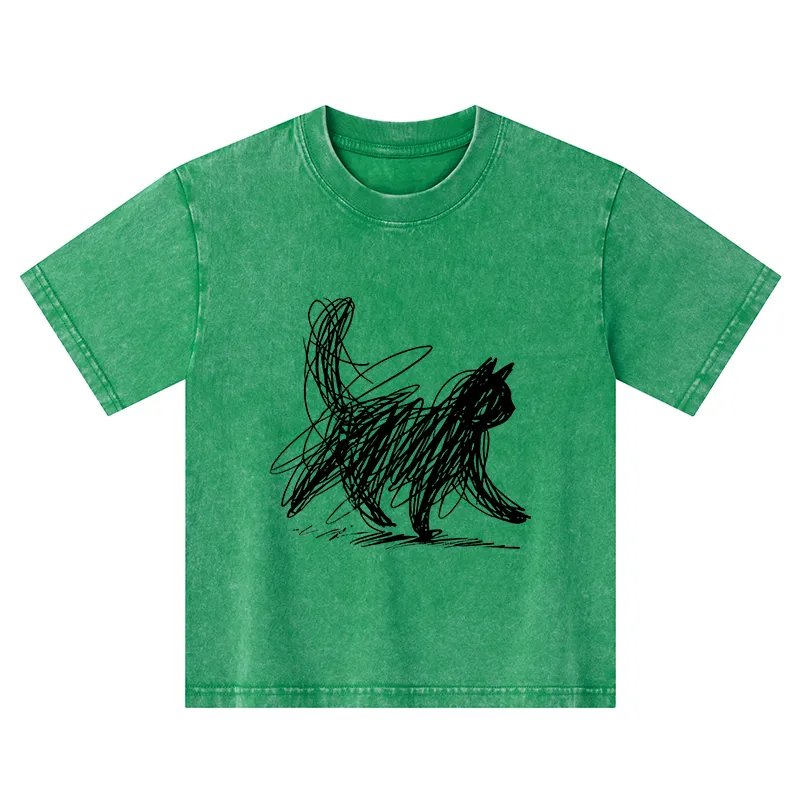 Tokyo-Tiger Minimalist Cat Art Kids Washed T-Shirt