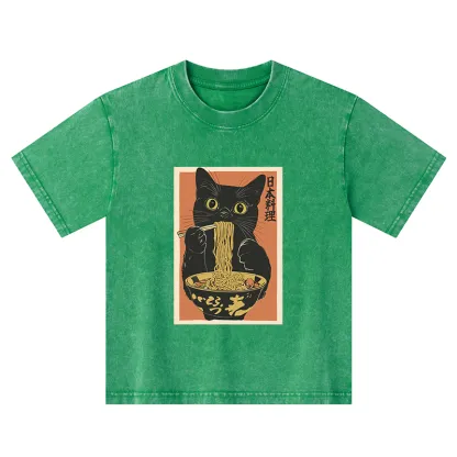 Tokyo-Tiger Black Cat Eats Japan Ramen Kids Washed T-Shirt