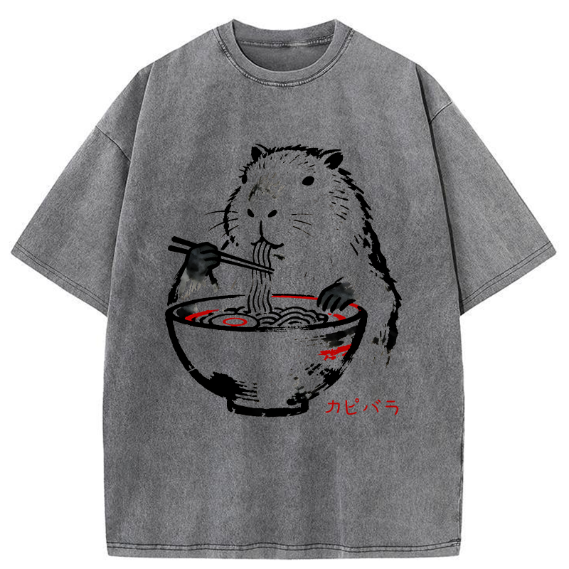 Tokyo-Tiger Capybaras Eat Delicious Ramen Washed T-Shirt