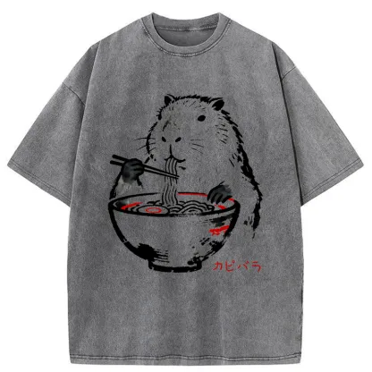 Tokyo-Tiger Capybaras Eat Delicious Ramen Washed T-Shirt