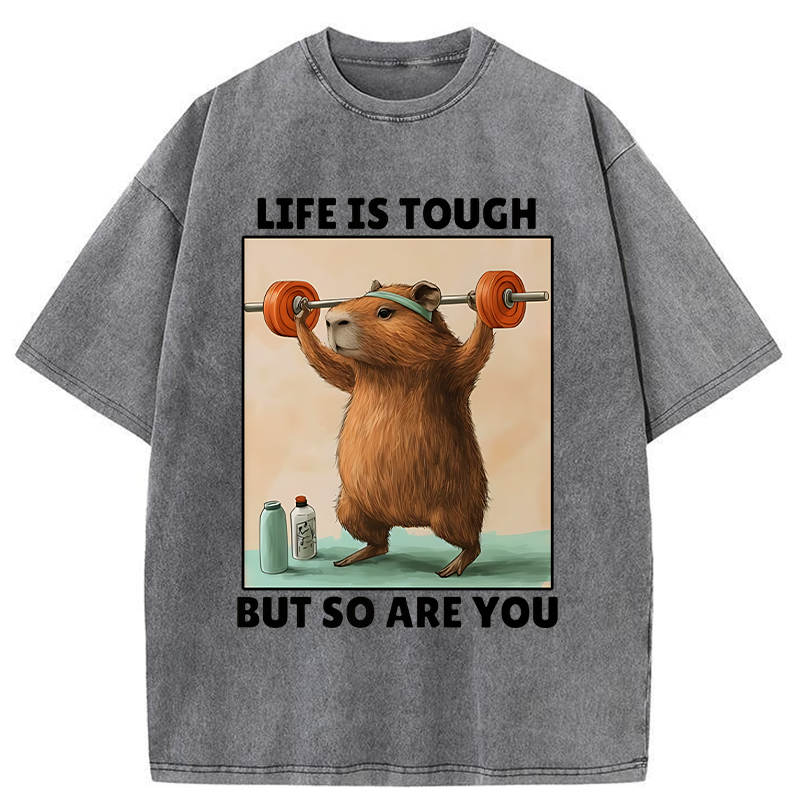 Tokyo-Tiger Capybara Lifting Weights Washed T-Shirt