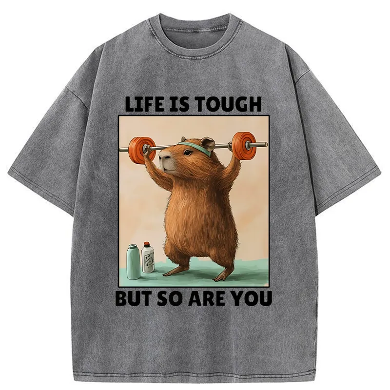 Tokyo-Tiger Capybara Lifting Weights Washed T-Shirt