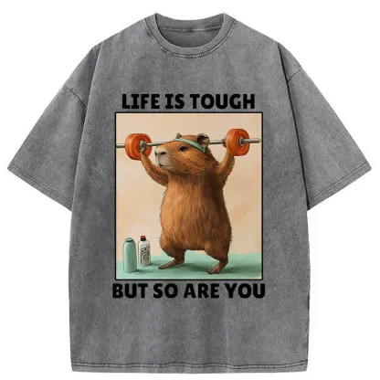 Tokyo-Tiger Capybara Lifting Weights Washed T-Shirt