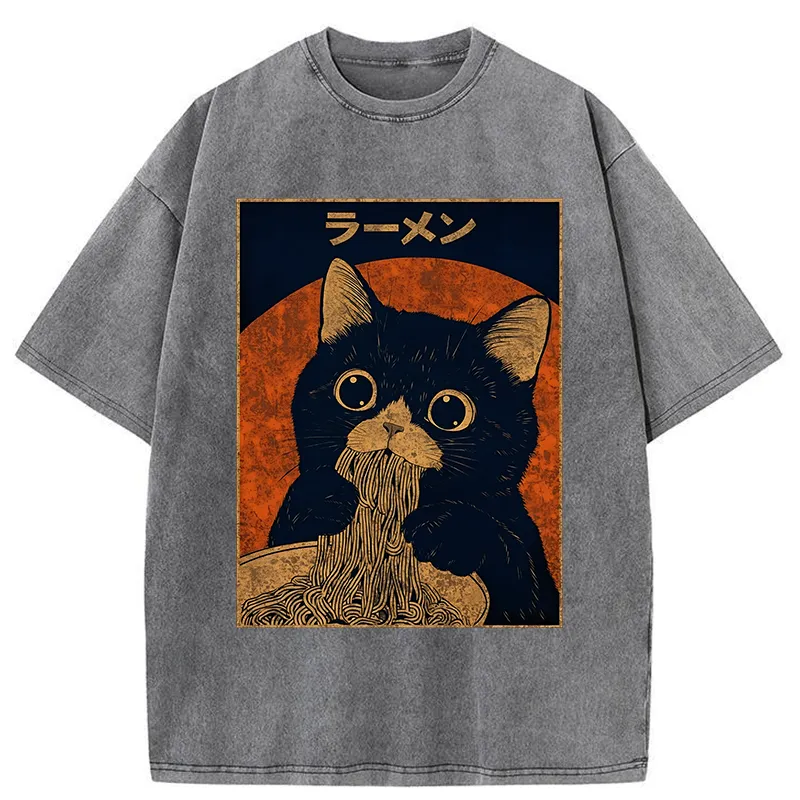 Tokyo-Tiger Retro Black Cat Eats Delicious Ramen Washed T-Shirt