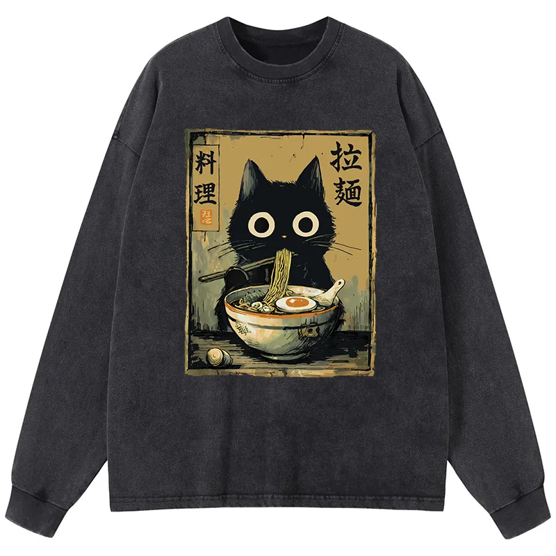 Tokyo-Tiger Cute Black Cat Eating Ramen Japan Washed Long Sleeve T-Shirt