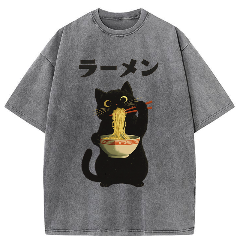 Tokyo-Tiger Black Cat Ate A Large Bowl Of Ramen Washed T-Shirt