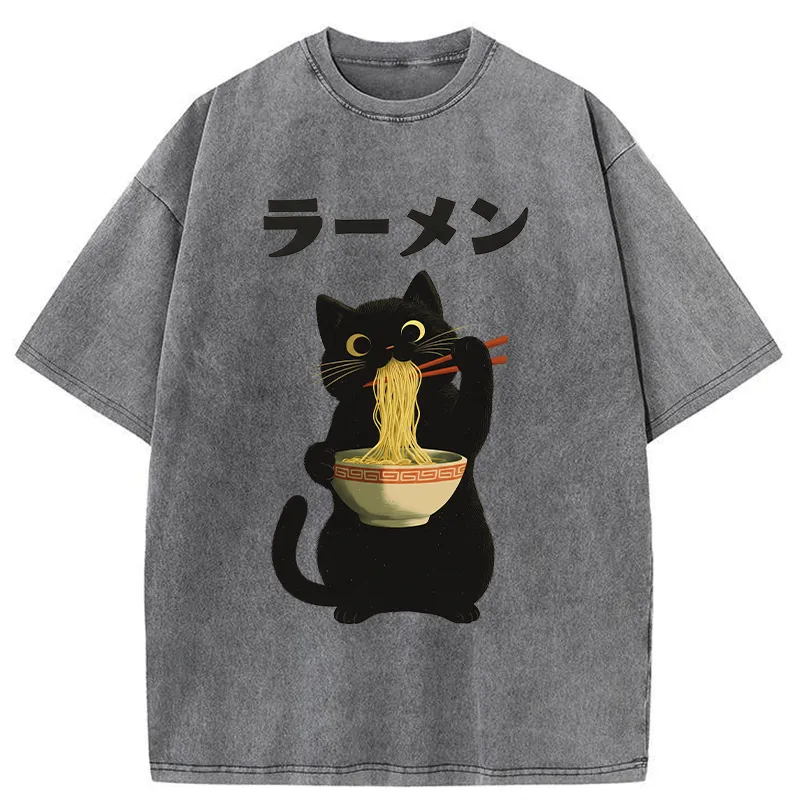 Tokyo-Tiger Black Cat Ate A Large Bowl Of Ramen Washed T-Shirt