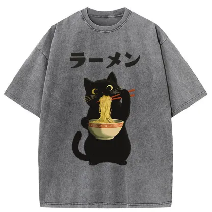 Tokyo-Tiger Black Cat Ate A Large Bowl Of Ramen Washed T-Shirt