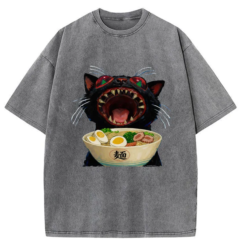 Tokyo-Tiger Black Cat Is Ready To Eat Ramen Washed T-Shirt
