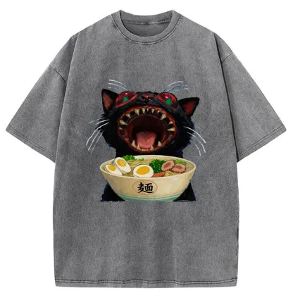 Tokyo-Tiger Black Cat Is Ready To Eat Ramen Washed T-Shirt