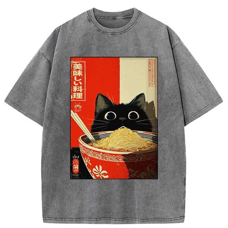 Tokyo-Tiger Cat Eats A Large Portion Of Ramen Washed T-Shirt