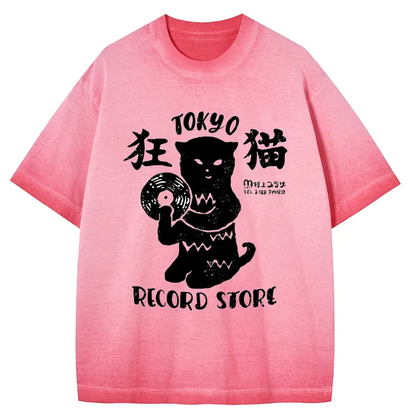 Tokyo-Tiger Tokyo Record Store Cat CD Gradient Washed T-Shirt