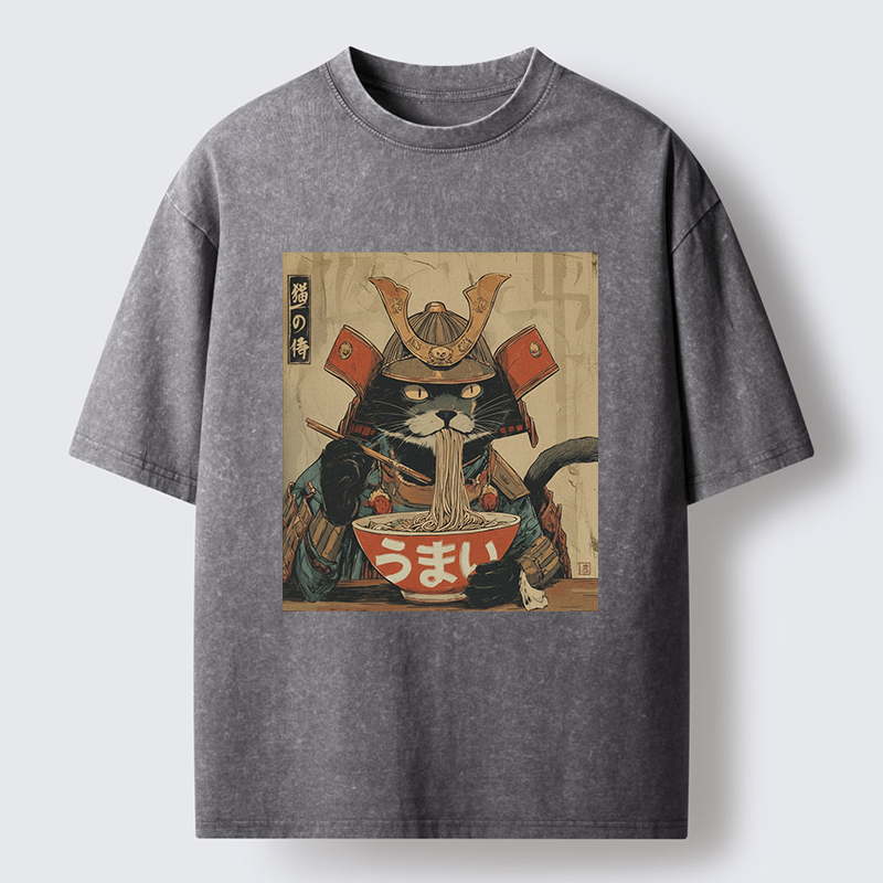 Tokyo-Tiger Cat Japanese Samurai Eating Ramen Washed T-Shirt