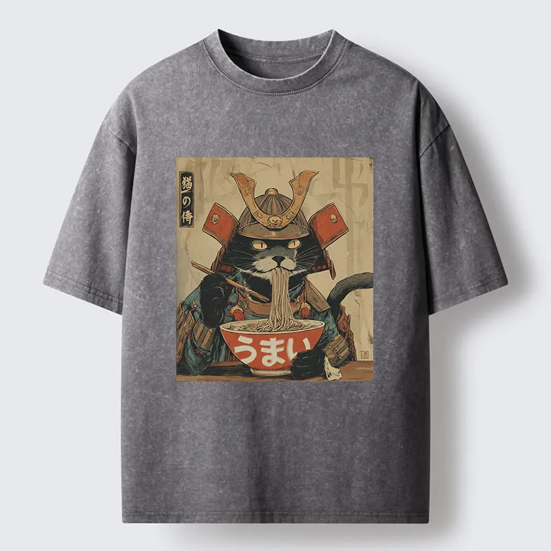 Tokyo-Tiger Cat Japanese Samurai Eating Ramen Washed T-Shirt