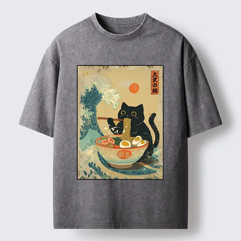Tokyo-Tiger Cat Eats A Large Portion Of Ramen Washed T-Shirt