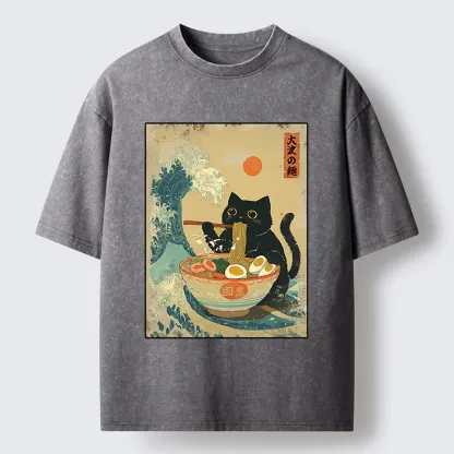 Tokyo-Tiger Cat Eats A Large Portion Of Ramen Washed T-Shirt