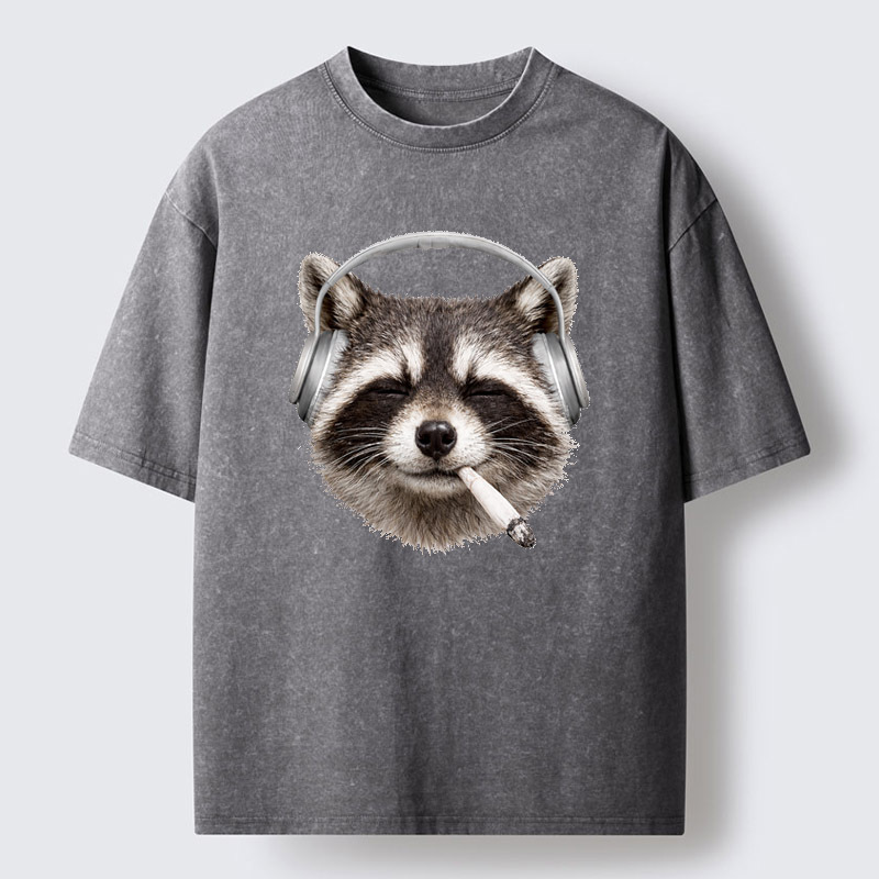 Tokyo-Tiger Raccoon Listening To Music Now Washed T-Shirt