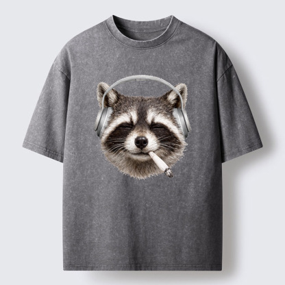 Tokyo-Tiger Raccoon Listening To Music Now Washed T-Shirt