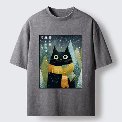 Tokyo-Tiger Black Cat With Green Eyes Washed T-Shirt