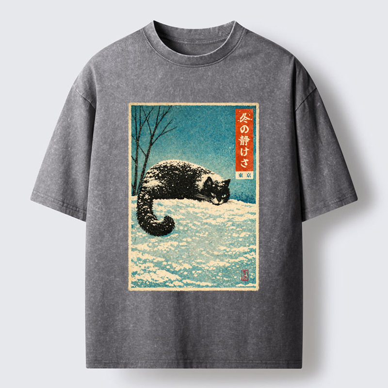 Tokyo-Tiger A Cat In Winter Silence Washed T-Shirt