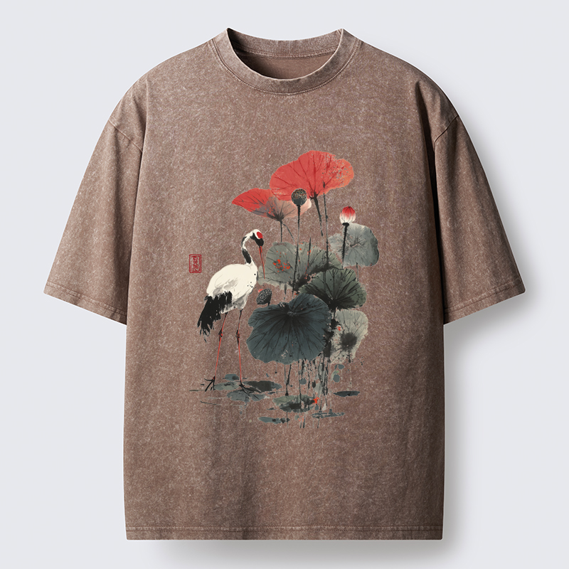 Tokyo-Tiger White Crane Among Lotus Washed T-Shirt