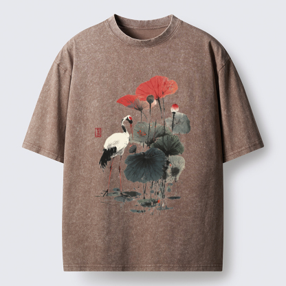 Tokyo-Tiger White Crane Among Lotus Washed T-Shirt