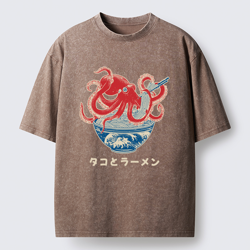 Tokyo-Tiger Octopus Eating Ramen Washed T-Shirt
